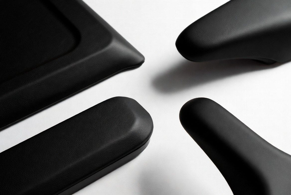 Custom molded integral skin urethane parts — arm caps, armrests, and ergonomic grips manufactured by Comcast Urethane, Marshall Michigan