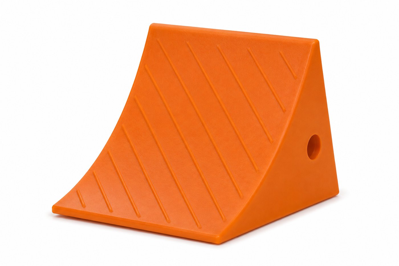 Molded safety orange polyurethane wheel chock with diagonal traction ridges and a mounting hole, manufactured by Comcast Urethane